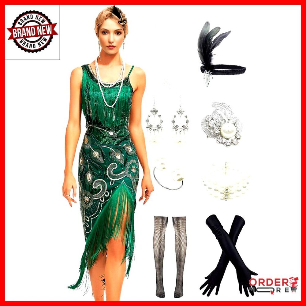 Vintage 1920s Beaded Flapper Cocktail Dress with Accessories Set
